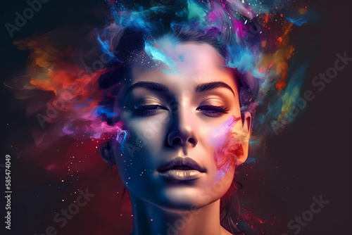 Vibrant Closeup of a Fantasy Woman with Color Splashes  A Stunning Addition to Your Creative Projects  Generative AI