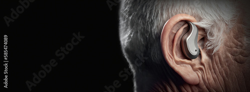 Modern hearing aid on the ear of an old man. Banner, place for your text. AI generated