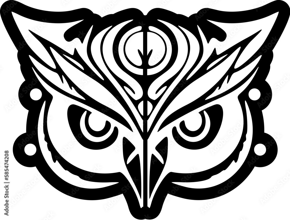 ﻿.Tattoo of an owl face in black and white with Polynesian designs.