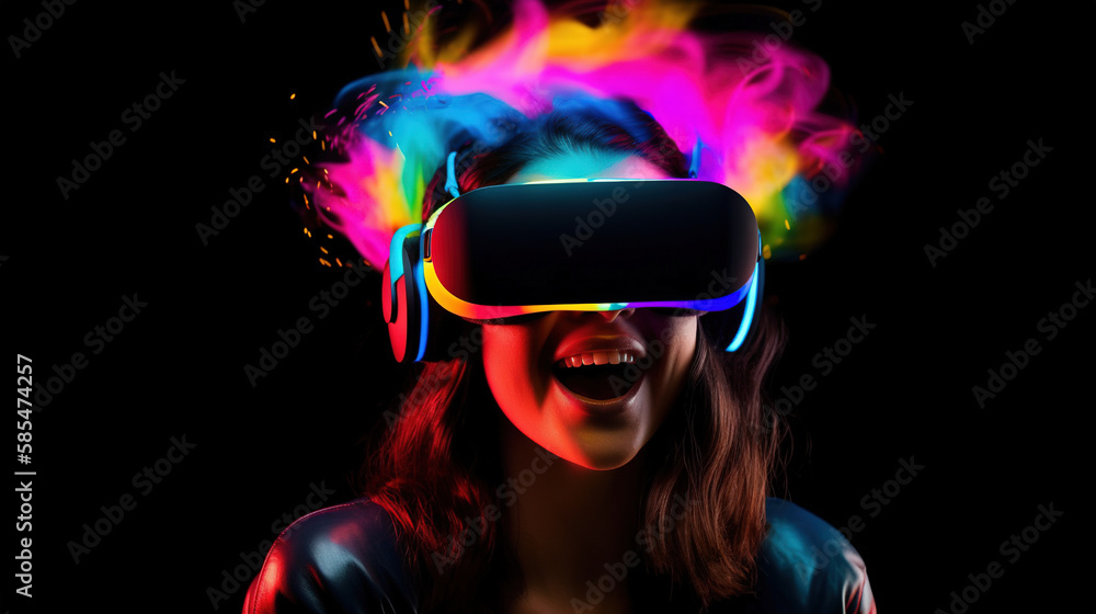 Portrait of an African-American woman in astonishment wearing a virtual reality headset. Vivid colors neon glowing HMD generative ai Portrait of an African-American woman in astonishment wearing a virtual reality headset. Vivid colors neon glowing HMD generative ai