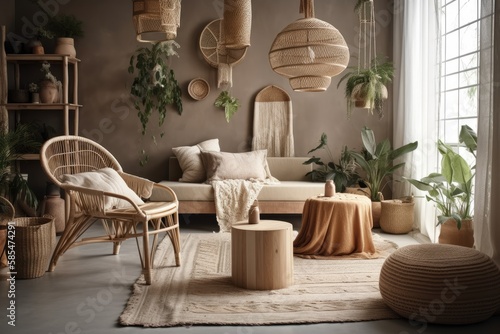 Modern living room with rattan chairs, cushions, plaid, beige macrame, wooden cubes, tropical plants, and exquisite accessories. Decoration. Eucalyptus. Generative AI