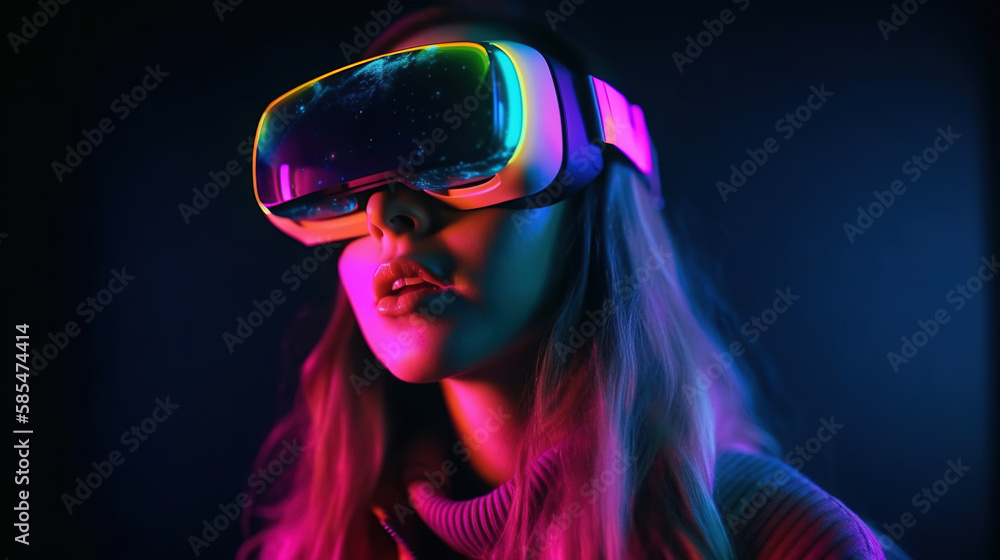 Portrait of an African-American woman in astonishment wearing a virtual reality headset. Vivid colors neon glowing HMD generative ai Portrait of an African-American woman in astonishment wearing a virtual reality headset. Vivid colors neon glowing HMD generative ai
