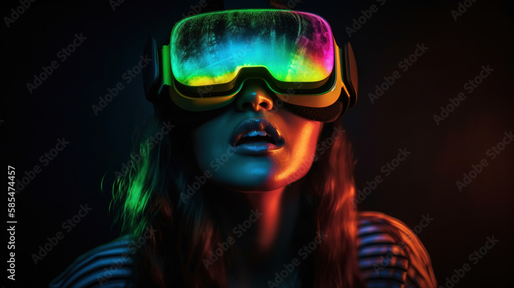 Portrait of an African-American woman in astonishment wearing a virtual reality headset. Vivid colors neon glowing HMD generative ai Portrait of an African-American woman in astonishment wearing a virtual reality headset. Vivid colors neon glowing HMD generative ai