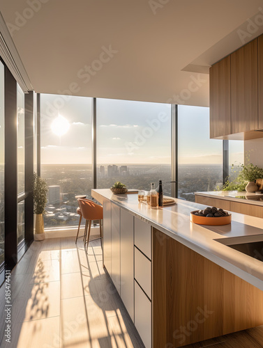 Modern wooden kitchen with a beautiful view to the outside Generative AI