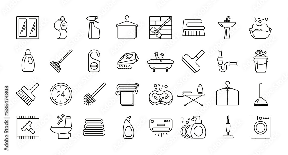 Icon set, cleaning and laundry services in various rooms. Collection of icons for infographics or website. Vector.
