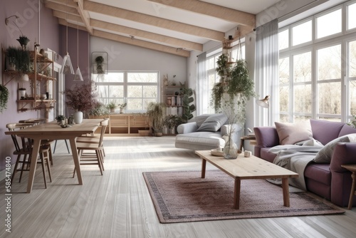White and purple wooden farmhouse living and dining room. Cloth couch  table  chairs  and d  cor. Modern decor . Generative AI