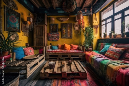 Palette colored interior design. Colors and designs. Designer architect concept. Wooden bohemian living room,. Generative AI