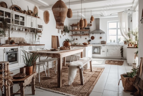 Bohemian kitchen and dining room in white with wooden elements. Table, chairs, carpet, and appliances. Boho rural decor,. Generative AI