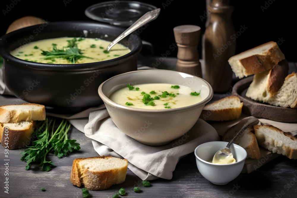 Asparagus soup made with green asparagus and croutons, served in a rustic style, close-up, generative AI. Asparagus soup made with green asparagus and croutons, served in a rustic style, close-up, generative AI.