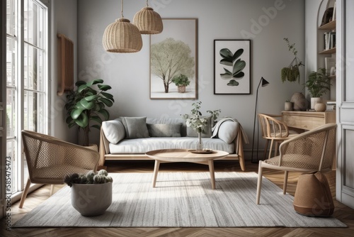 Boho living room with gray couch and armchair, dining room. Generative AI