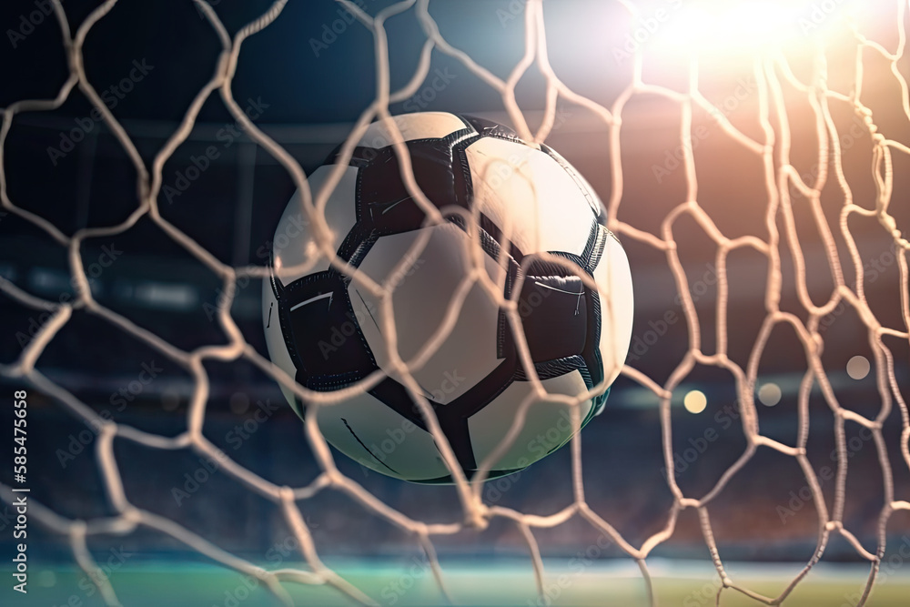 soccer ball in goal of stadium at night. Ai generative - obrazy, fototapety, plakaty 