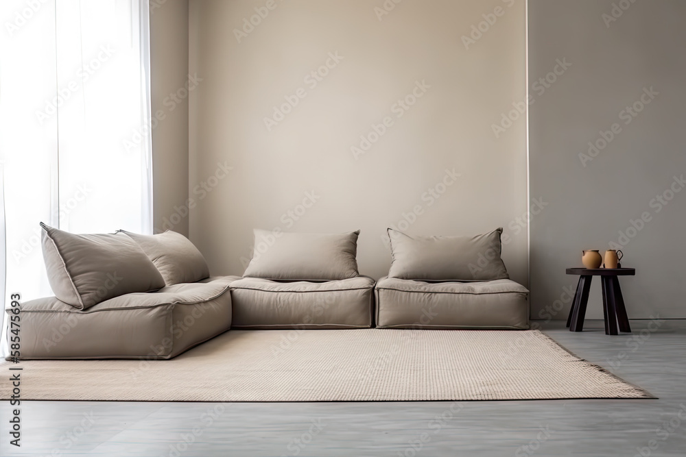 Japanese modern living room in earthy Morandi tones. Modern minimalist interior. Background with contemporary design. Modern interior design. 3D render, generative ai. Japanese modern living room in earthy Morandi tones. Modern minimalist interior. Background with contemporary design. Modern interior design. 3D render, generative ai.