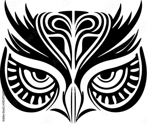 A black and white owl face tattoo with Polynesian designs.