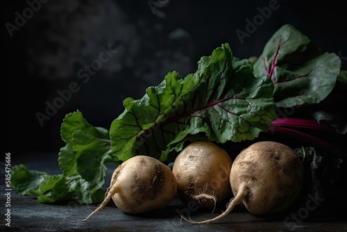 Fresh turnips with leaves  with salad on the stone Generative AI