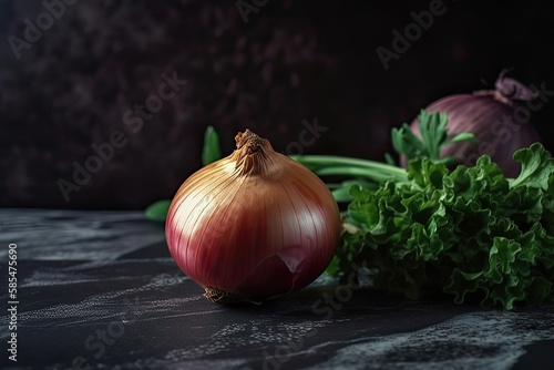 onions with leaves, with salad on the stone Generative AI