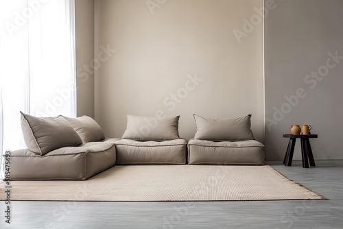 Japanese modern living room in earthy Morandi tones. Modern minimalist interior. Background with contemporary design. Modern interior design. 3D render  generative ai.