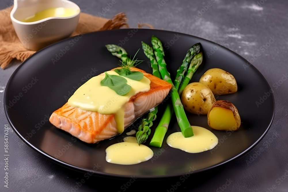 Grilled salmon with green asparagus and hollandaise sauce, served in a rustic style, close-up, generative AI. Grilled salmon with green asparagus and hollandaise sauce, served in a rustic style, close-up, generative AI.