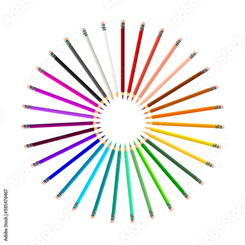Set of realistic colorful pencils. Colored pencils isolated on white background. Template design for presentation, publications, education. Vector illustration.