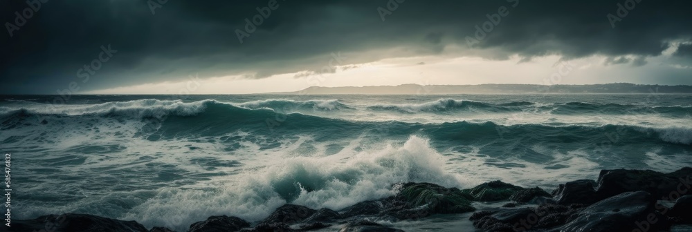 Fototapeta premium Riding the Storm: Dramatic Ocean Waves and Clouds