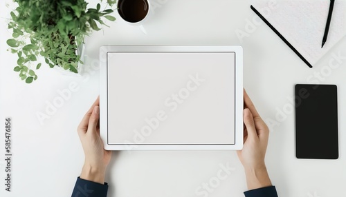a blank screen tablet mockup, businessman and businesswoman, business office setting, tablet using in an office meeting, AI generated