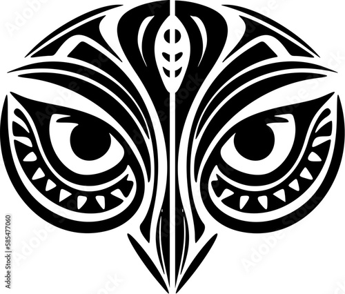 ﻿.Face of an owl tattooed in black and white, with Polynesian patterns.