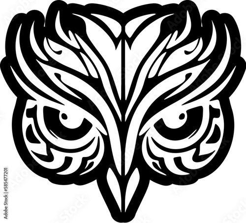 ﻿Owl face with black & white Polynesian-style tattooing. photo