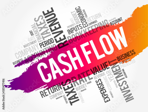 Cash Flow - measurement of the amount of cash that comes into and out of your business in a particular period of time, word cloud concept background