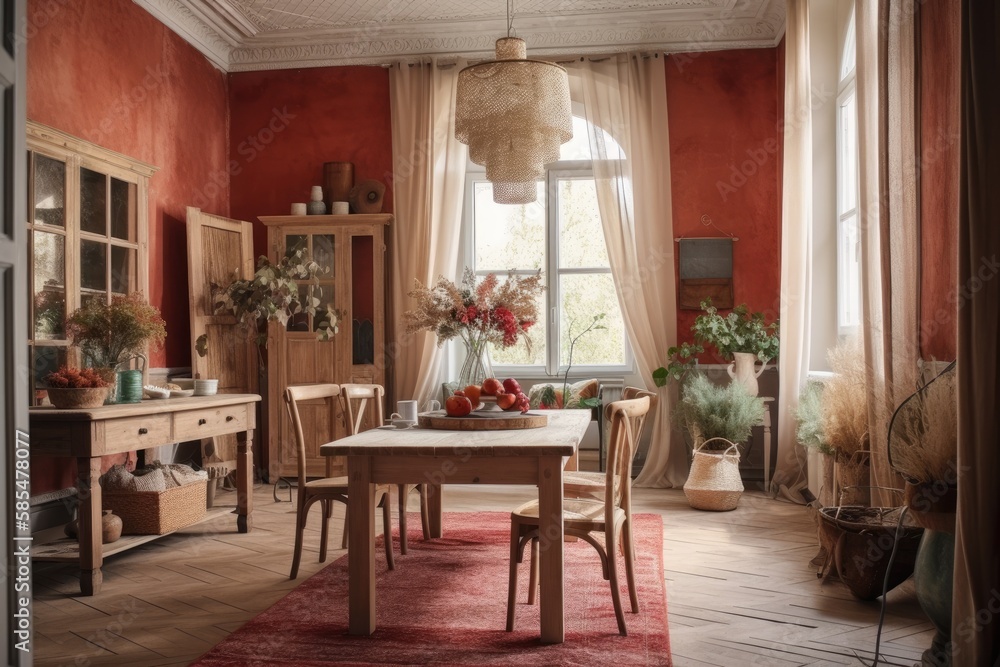 Red and beige farmhouse dining room. Plaster walls, bohemian decor,. Generative AI Red and beige farmhouse dining room. Plaster walls, bohemian decor,. Generative AI