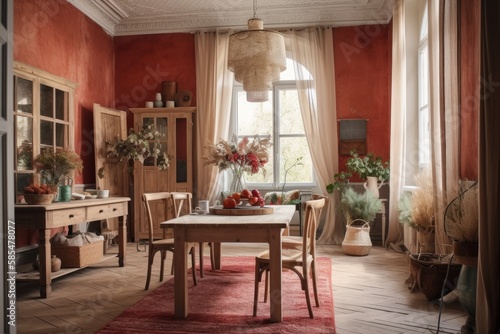 Red and beige farmhouse dining room. Plaster walls, bohemian decor,. Generative AI