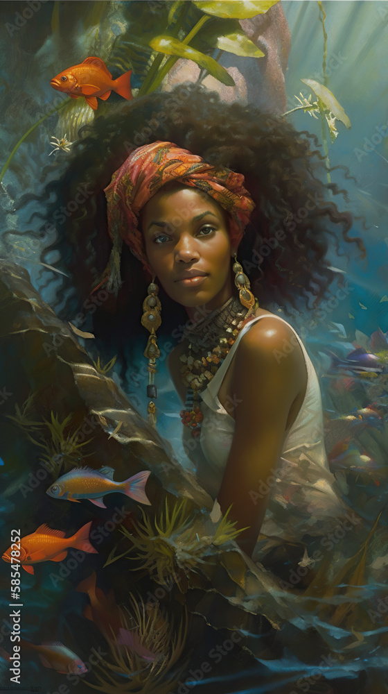 beautiful mermaid african american woman under the ocean. Curly Black Hair. Colorful aquatic vegetation with different fish