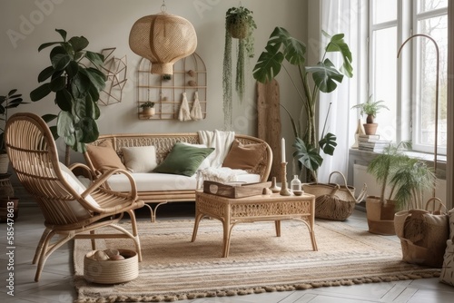 Antique white and green boho chic living room. Rattan rocker and sofa on jute carpet. Bohemian decor,. Generative AI