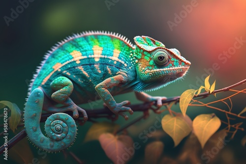 Chameleon lizard sits on a branch against a blurred natural background with Generative AI technology © LaxmiOwl