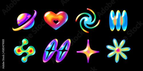 3D neon colored objects set in Y2K style: planets, hearts, stars, flower, and galaxy. Trendy futuristic and vibrant vector elements for abstract designs, web, print, and creative projects