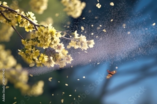 Pollen from flowers flying and spreading in the air causing allergies