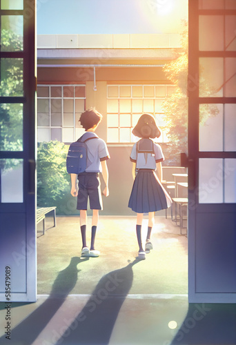 Two schoolchildren returning home after school. AI Generated