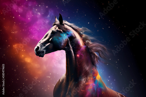 Graceful Fantasy Horse Floating Amidst a Breathtaking and Colorful Galaxy - Ideal for Adding a Touch of Magic and Enchantment to Your Design Projects  Generative AI
