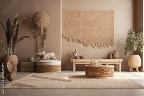 Wall mockup in pleasant beige interior backdrop with african furniture and decor, boho style,. Generative AI