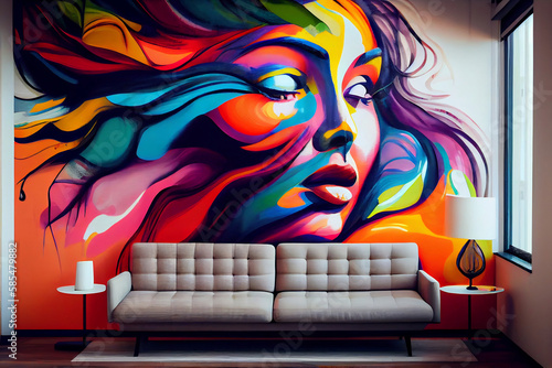 Stylish interior with beautiful woman's face on the wall. Vivid colors. Mural photo