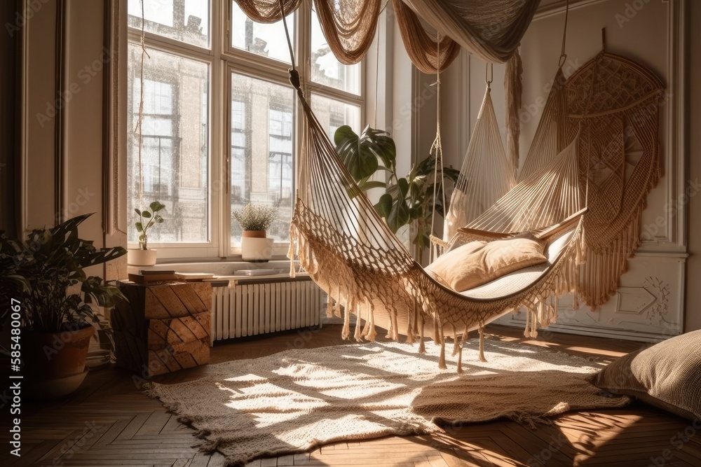 Pillow filled hammock in trendy room. Decor. Generative AI