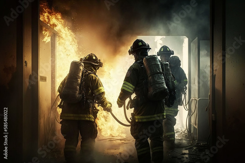 Group of firefighters at work entering burning building. AI Generative