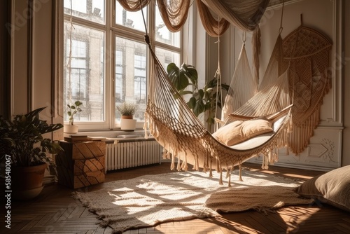 Obraz na płótnie Pillow filled hammock in trendy room. Decor. Generative AI w salonie