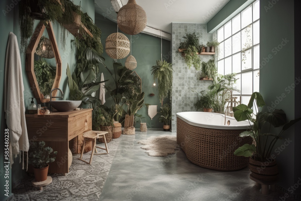 Urban jungle interiors. Contemporary bathroom with green tropical plants and wicker décor. Bohemian bathroom with white tub, shower, and wash basin. Generative AI