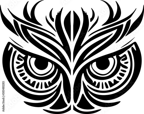 ﻿A black and white owl face tattoo with Polynesian designs.