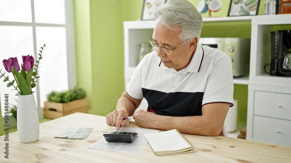 Middle age man with grey hair calculating expenses at dinning room Middle age man with grey hair calculating expenses at dinning room