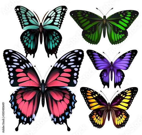 Set of very beautiful colorful butterflies with color transitions isolated on a white background.