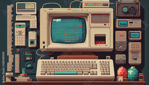 Create a retro computer setup with a CRT monitor, beige keyboard, and colorful pixel art on the walls.
