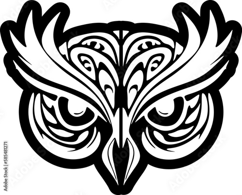 ﻿Black and white owl face tattoo with Polynesian designs.