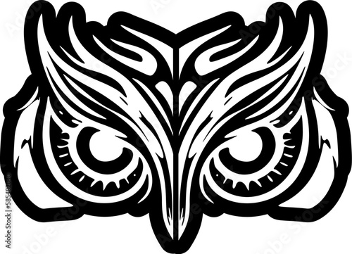 ﻿A black and white face of an owl tattooed with Polynesian designs.
