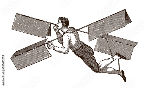 Man with flying machine, after antique engraving