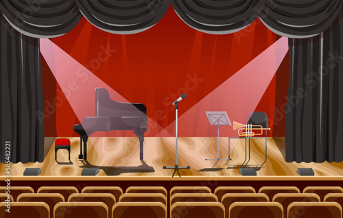 Empty stage with orchestra classical instruments. Nobody classic music concert hall with spotlight. Scene in philharmonic audience with grand piano and microphone on wooden podium. Vector illustration